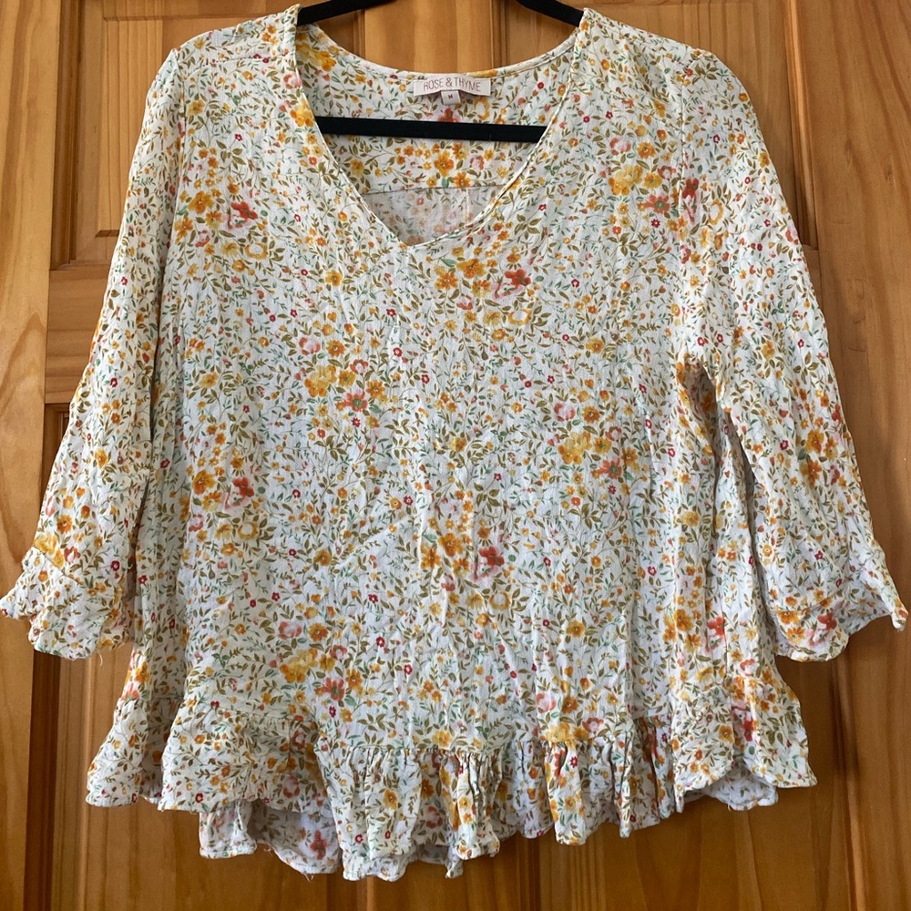 Rose & Thyme Floral Ruffle Hem Blouse Boho Cottagecore Viscose Top M Flawed